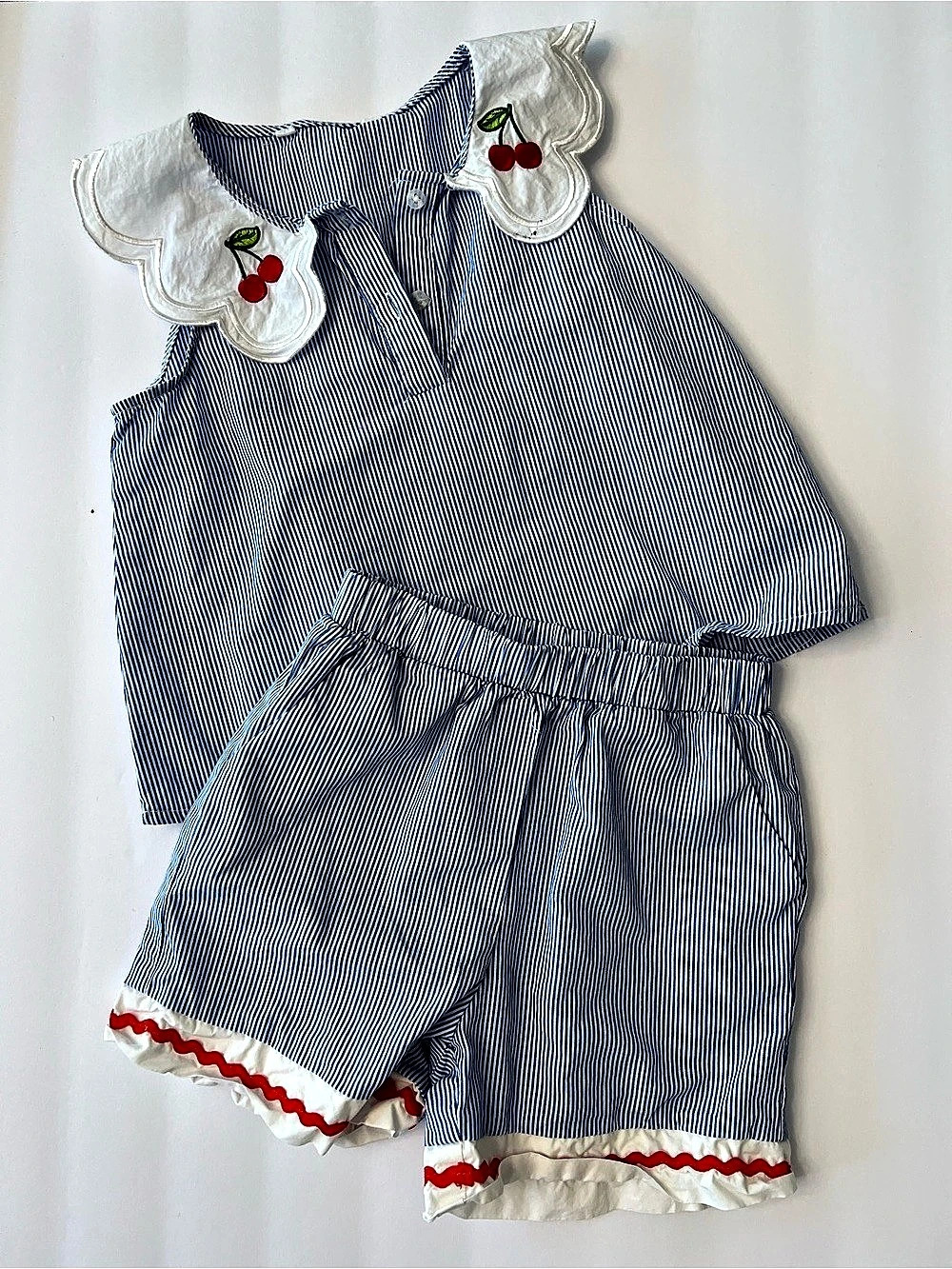 Girls Blue & White Striped Cherry Matching Set, size 3t